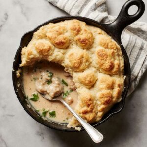 Crockpot Chicken Pot Pie served in a white bowl with creamy filling and golden biscuit crust