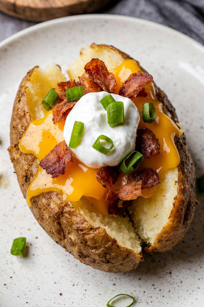 Delicious air fryer baked potato with crispy skin and fluffy interior