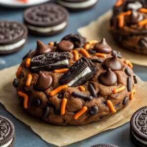 Delicious Halloween Oreo stuffed chocolate chip cookies on a plate