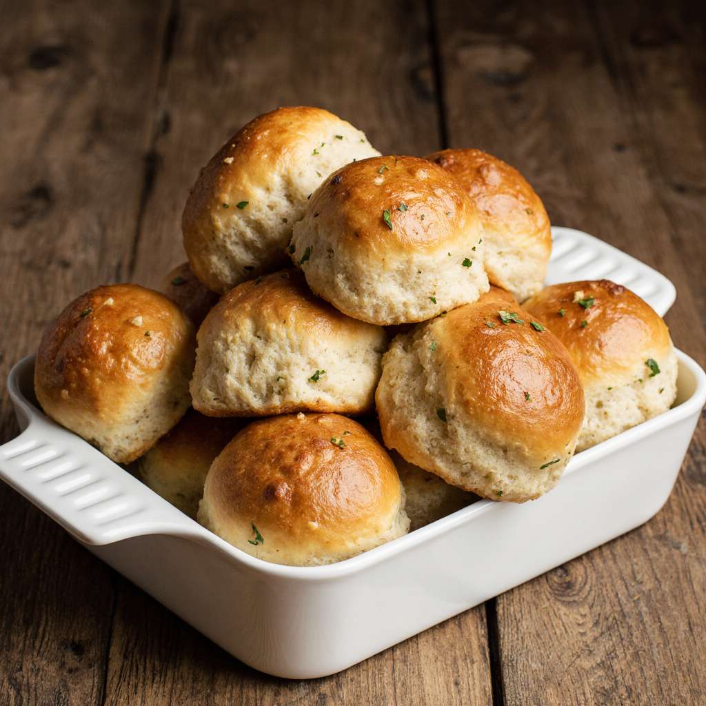 Golden garlic butter bread rolls stacked in a white dish
