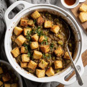 Classic Thanksgiving stuffing baked with bread, celery, and herbs