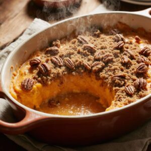 Southern maple sweet potato casserole topped with pecans and brown sugar