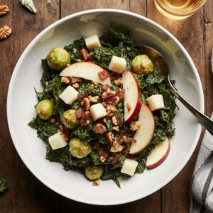 Colorful Brussels sprout and kale salad with apples, cheddar, and bacon