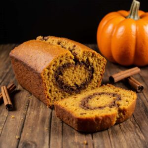 Sliced mini pumpkin bread with cinnamon swirl on rustic board