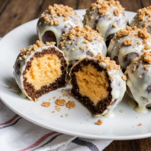 Pumpkin cheesecake balls coated in crumbs with creamy filling