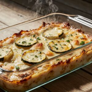 Delicious quick rotisserie chicken zucchini casserole baked dish