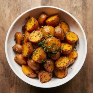 Roasted sweet potatoes with honey and cinnamon in a white bowl.