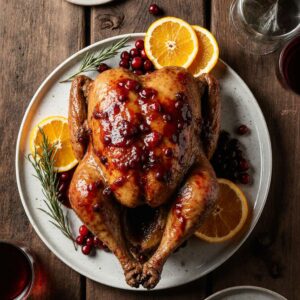 Roasted Thanksgiving turkey with cranberry orange glaze on a holiday table.