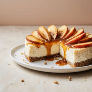 Salted caramel apple pie cheesecake slice with caramel drizzle