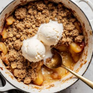 Delicious homemade simple apple crumble dessert served in a bowl