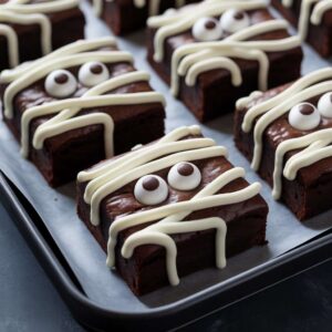 Spooky Mummy Brownies decorated for Halloween