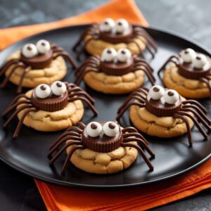 Peanut Butter Spider Cookies decorated with chocolate and candy eyes