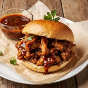 Delicious pulled BBQ chicken cooked in a Crockpot, served on a platter.