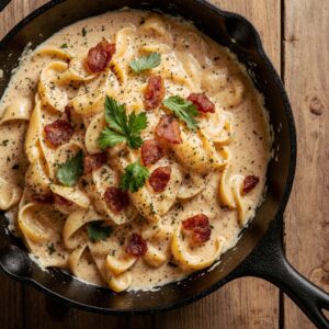 Creamy Tortellini Carbonara served in a bowl with crispy bacon and parmesan cheese.