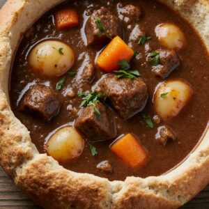 Bowl of Witch’s Cauldron Beef Stew with vegetables and herbs