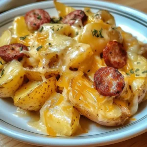 Delicious cheesy ranch potatoes with smoked sausage served on a plate