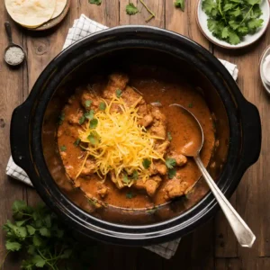 Chicken enchilada mixture with melted cheese in a slow cooker, top-down view