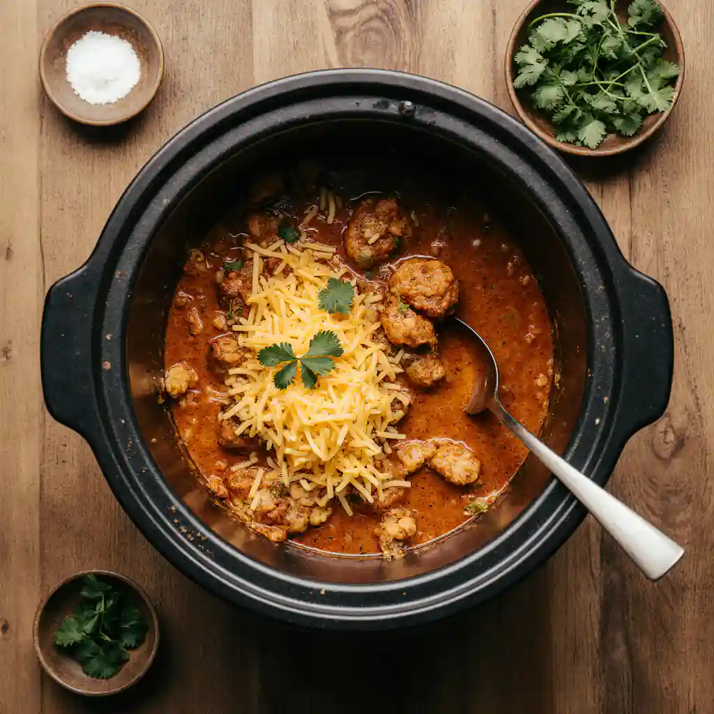 Chicken enchilada mixture with melted cheese in a slow cooker, top-down view