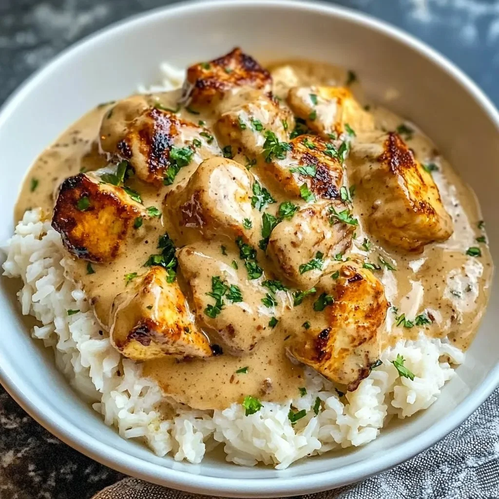 Creamy smothered chicken served with rice, showcasing a comforting meal experience.