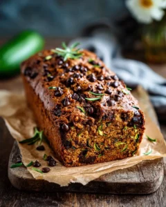 Moist pumpkin zucchini bread with chocolate chips slices on a wooden board