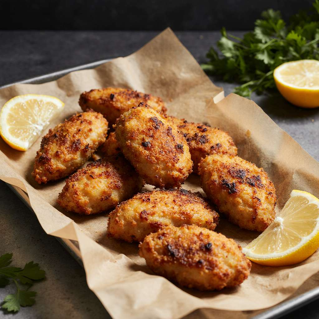 Golden air fryer chicken bites with lemon and parsley.