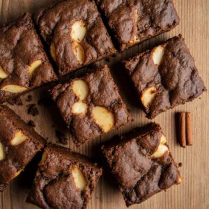 Apple brownies with cinnamon and apple chunks on wooden table.