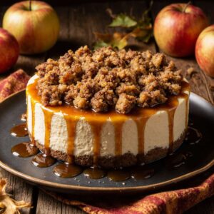 Apple crumble cheesecake with buttery crust and apple topping.