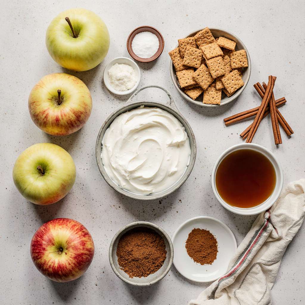 Flat lay of apples, cream cheese, and graham crackers for apple cheesecake.