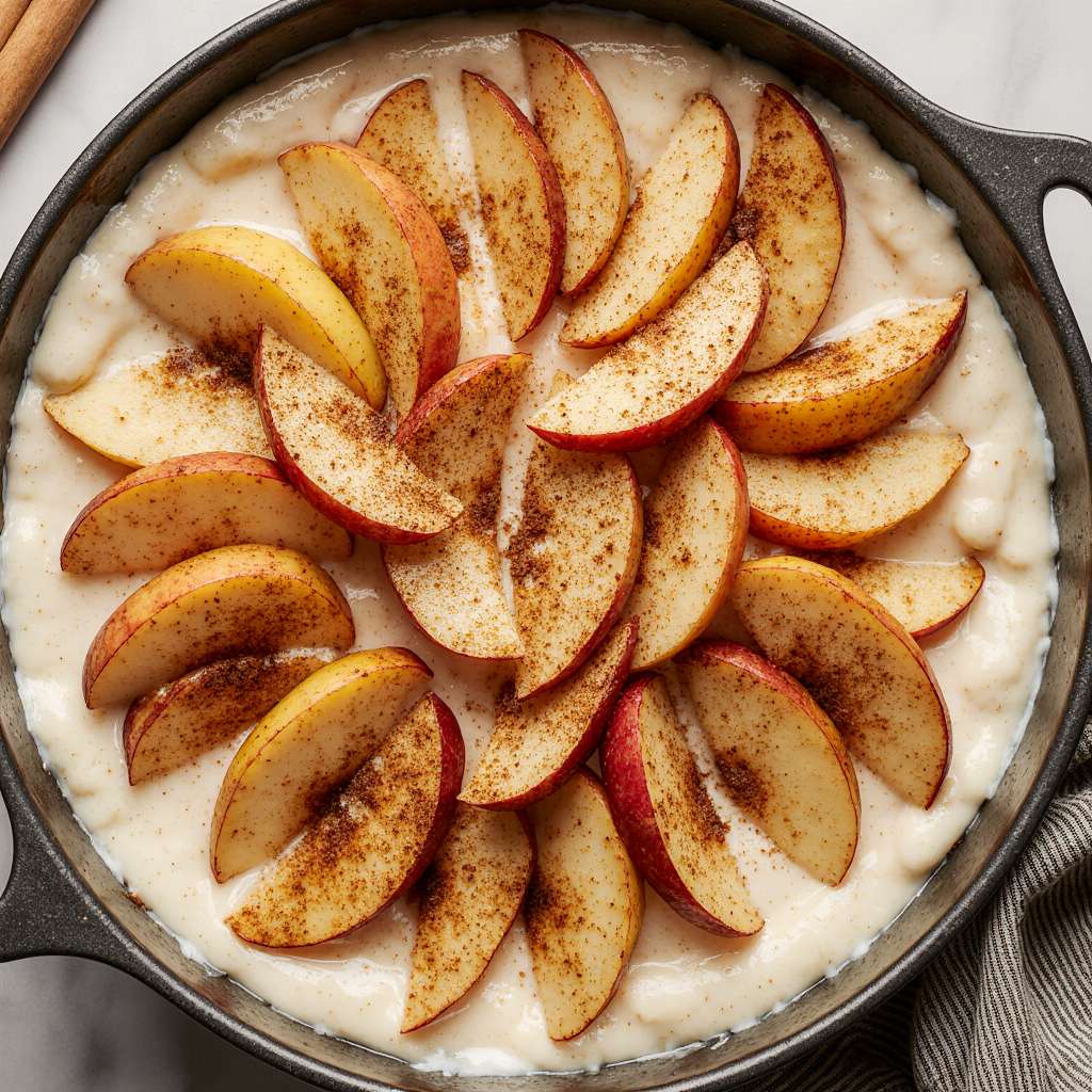 Chopped apples with cinnamon layered over cheesecake filling.