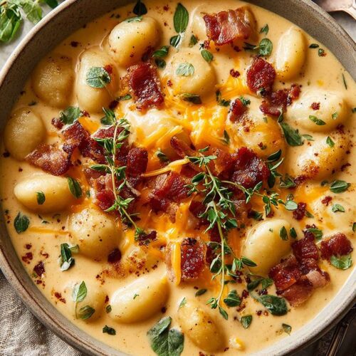 Cozy bacon cheddar gnocchi soup with cheese topping