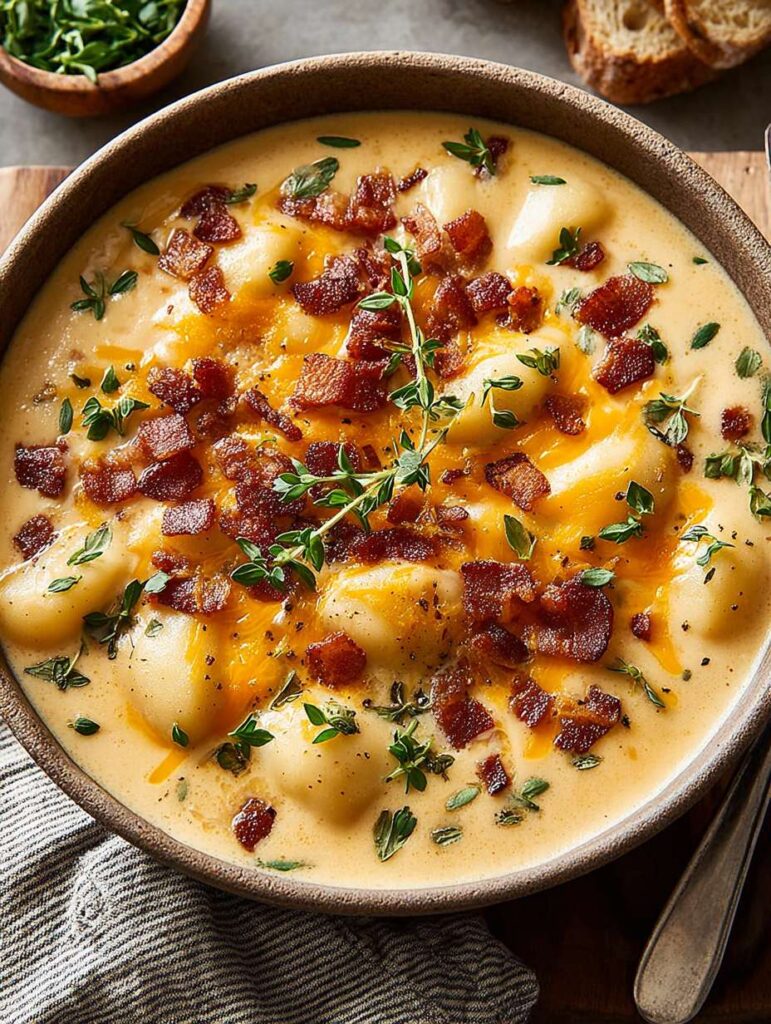 Final bowl of creamy soup with bacon topping
