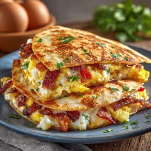 Golden bacon egg cheese breakfast quesadillas on a plate