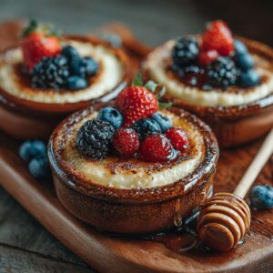 Fluffy baked protein pancake bowls with berries and honey drizzle