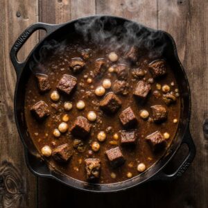 Classic beef bourguignon in a Dutch oven with mushrooms and pearl onions.