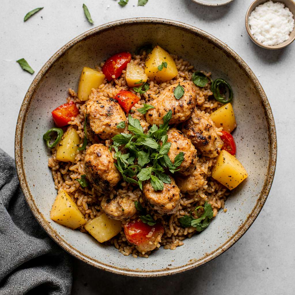Healthy black pepper chicken stir-fry with pineapple and colorful peppers.
