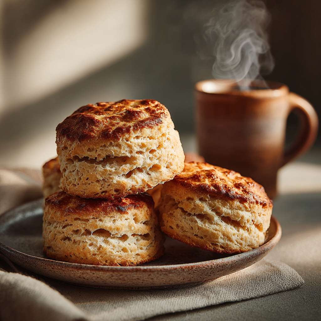 Stack of golden breakfast protein biscuits on a rustic plate