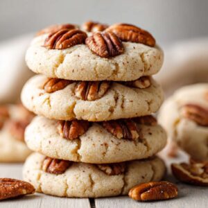 Soft Butter Pecan Cookies stacked on a rustic plate with toasted pecans and brown butter sheen.