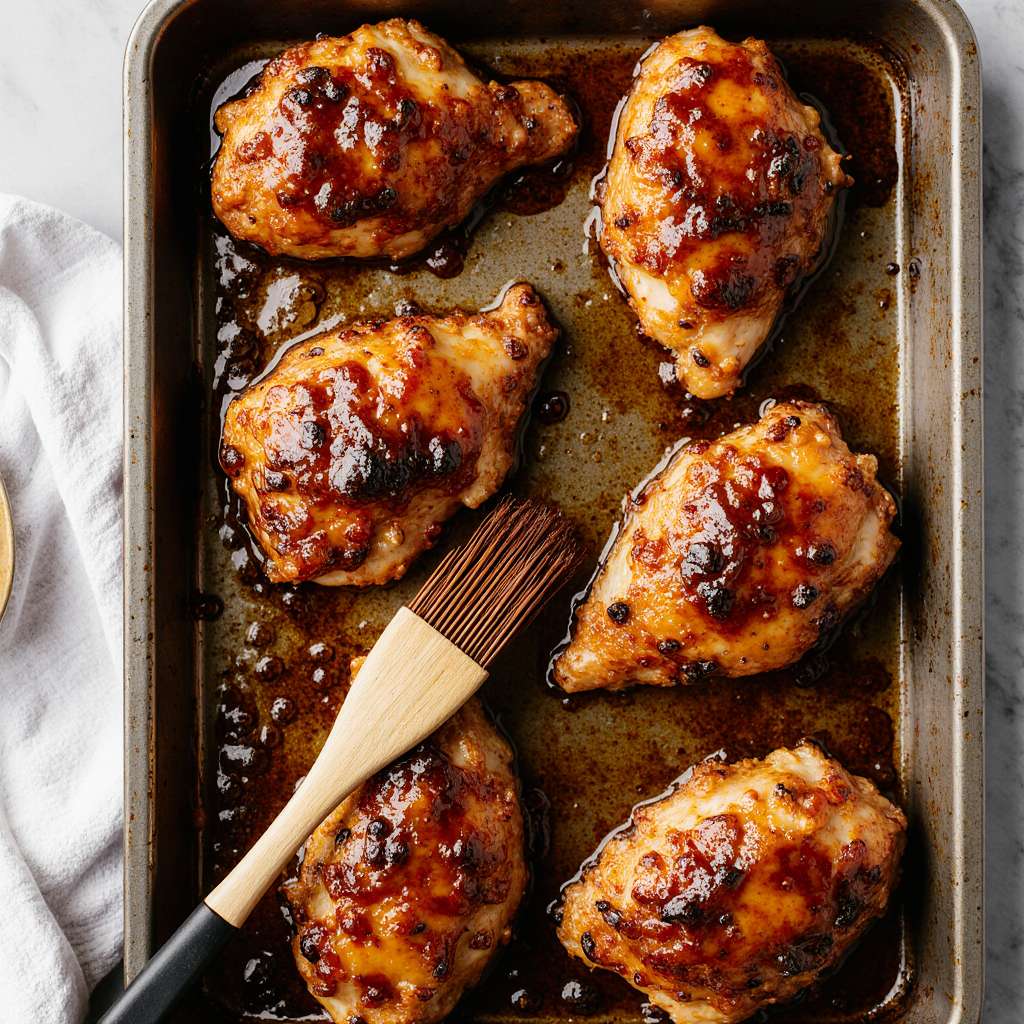 Caramelized BBQ chicken thighs with glossy sauce on tray.