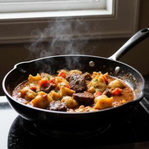 Cheesesteak tortellini with peppers in creamy provolone sauce.
