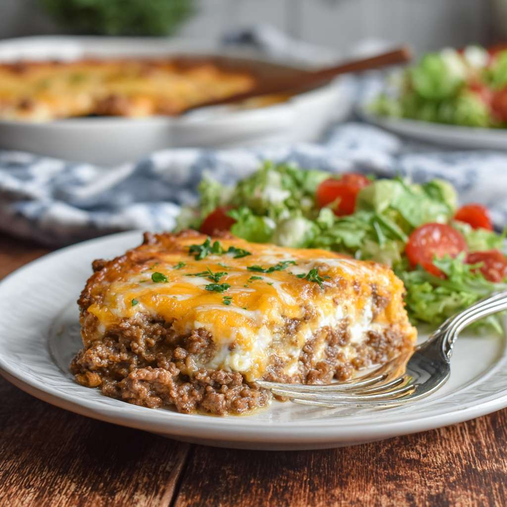 Plated serving of cheesy keto ground beef casserole with salad side