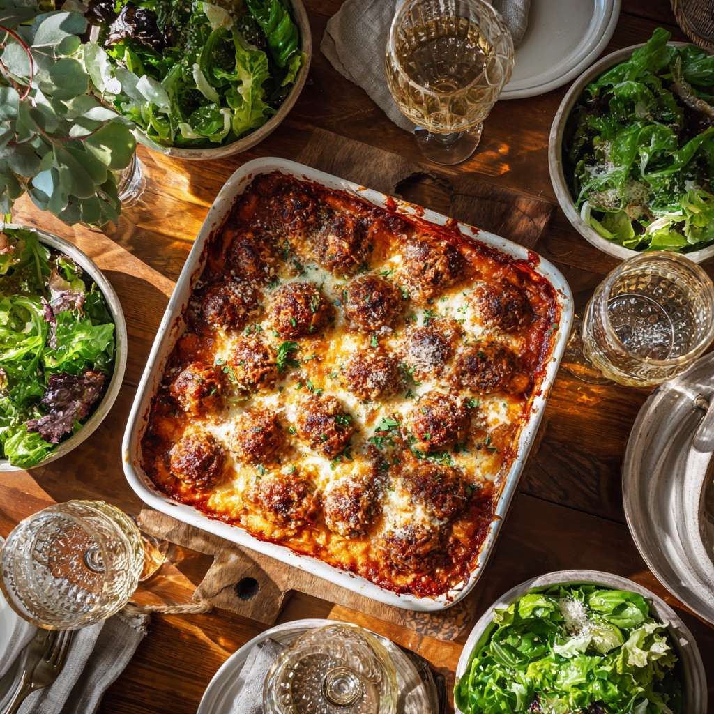 Cheesy keto meatball Parmesan casserole baked until golden with basil on top
