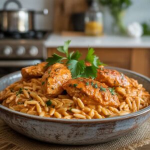 Creamy spicy Cajun chicken with orzo pasta garnished with parsley