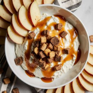 Cream cheese caramel apple dip with toffee bits and fresh apple slices.