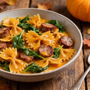Bowl of bow-tie pasta with butternut squash, sausage, and spinach.