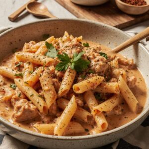 Creamy Cajun chicken pasta with penne and parsley.