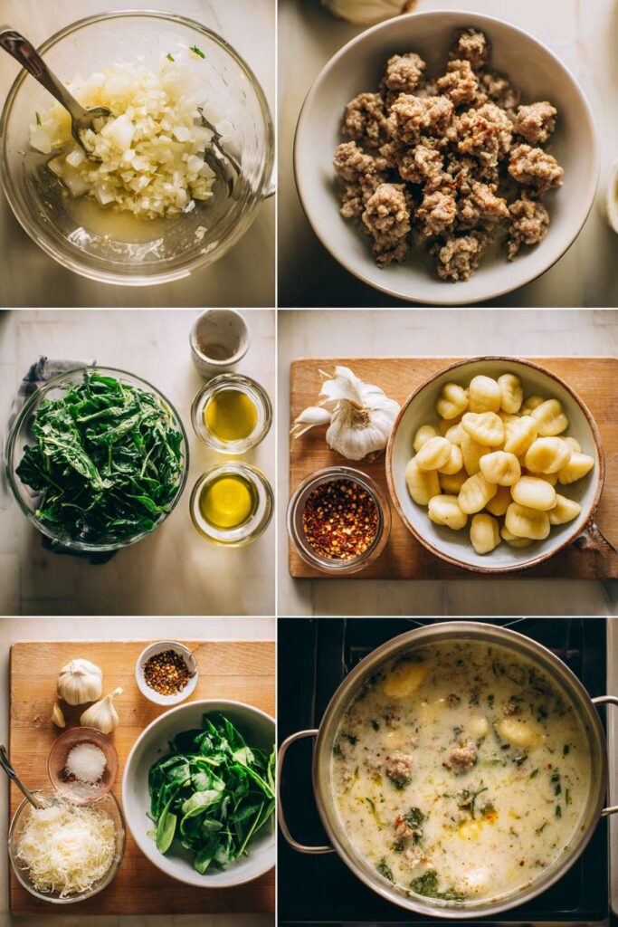 Step-by-step process of making creamy Italian sausage gnocchi soup — from sautéing sausage with onions and garlic to blending a rich, golden broth with gnocchi, spinach, and Parmesan in a cozy fall kitchen.