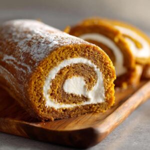 Creamy Pumpkin Spice Roll Cake sliced on a rustic wooden board with powdered sugar dusting and pumpkins nearby.