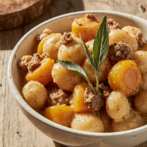 Creamy butternut squash gnocchi with sausage, sage, and thyme in rustic bowl.