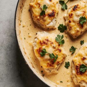 Creamy baked chicken breasts with cheese and parsley.