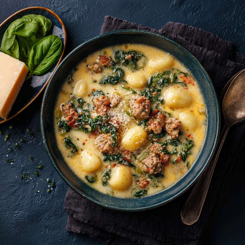 Creamy gnocchi soup served with garlic bread